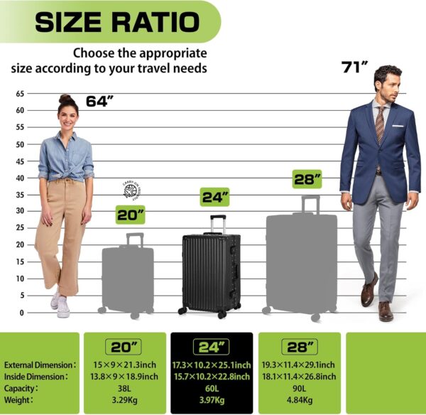 AnyZip 24" Aluminium Frame Zipperless Luggage – Hard Shell TSA Lock Suitcase with Spinner Wheels (Black, 60L)