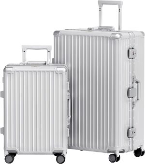 AnyZip 2-Piece Set 20/28-Inch Aluminium Frame Suitcases Silver