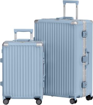 AnyZip 2-Piece Aluminium Frame Luggage Set – 20" Carry-On & 28" Checked Zipperless Suitcases with TSA Lock & Spinner Wheels (Hazeblue)